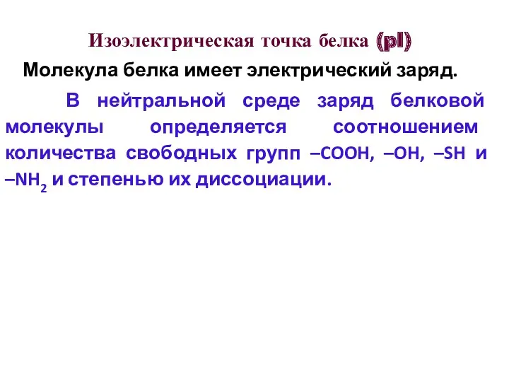 Изоэлектрическая точка белка (pI) Молекула белка имеет электрический заряд. В