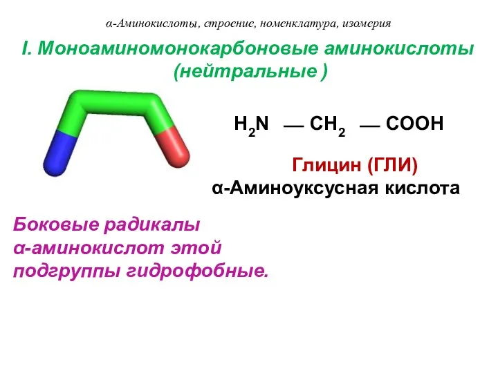I. Моноаминомонокарбоновые аминокислоты (нейтральные ) H2N ⎯ CH2 ⎯ COOH
