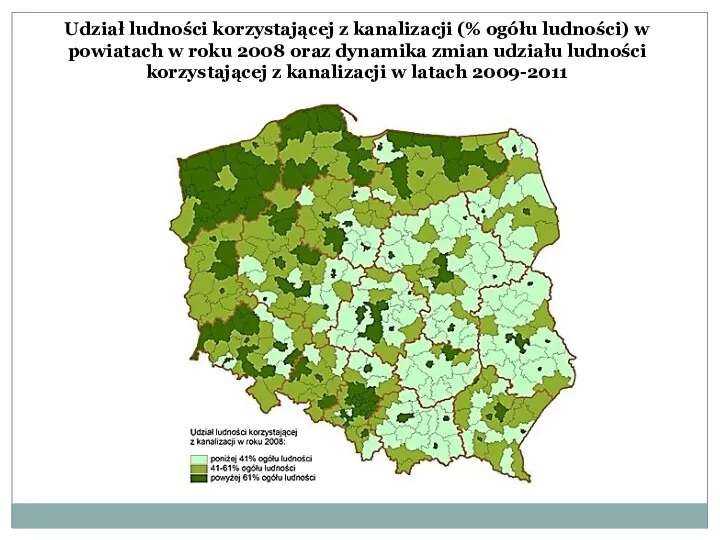 Udział ludności korzystającej z kanalizacji (% ogółu ludności) w powiatach w roku 2008