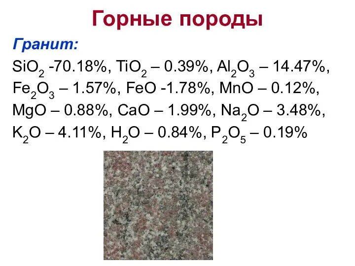 Горные породы Гранит: SiO2 -70.18%, TiO2 – 0.39%, Al2O3 –