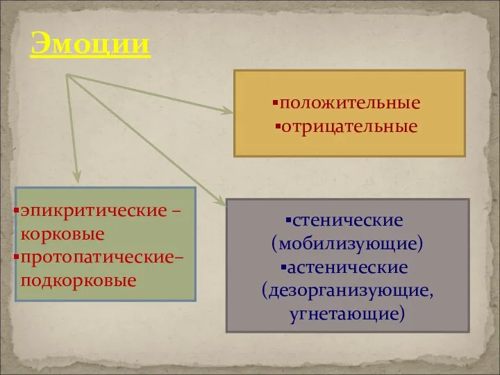 Эмоции эпикритические – корковые протопатические– подкорковые положительные отрицательные стенические (мобилизующие) астенические (дезорганизующие, угнетающие)