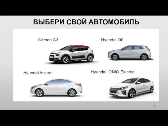 Hyundai I30 Hyundai IONIQ Electric Citroen C3 Hyundai Accent ВЫБЕРИ СВОЙ АВТОМОБИЛЬ