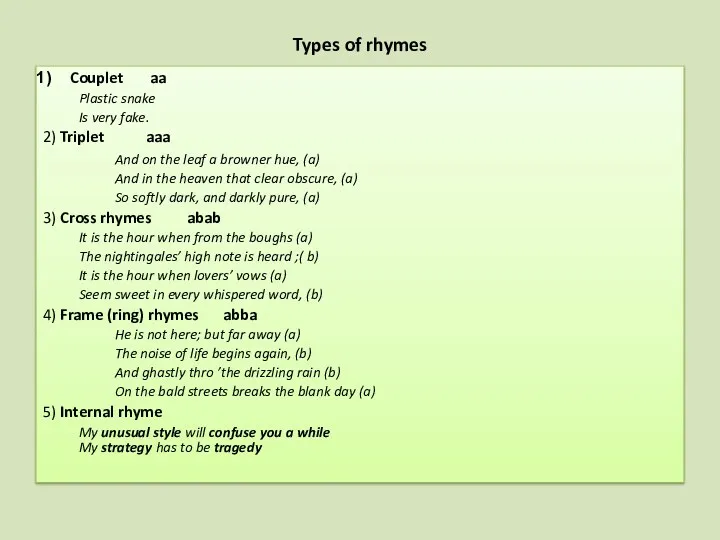 Types of rhymes Couplet aa Plastic snake Is very fake.