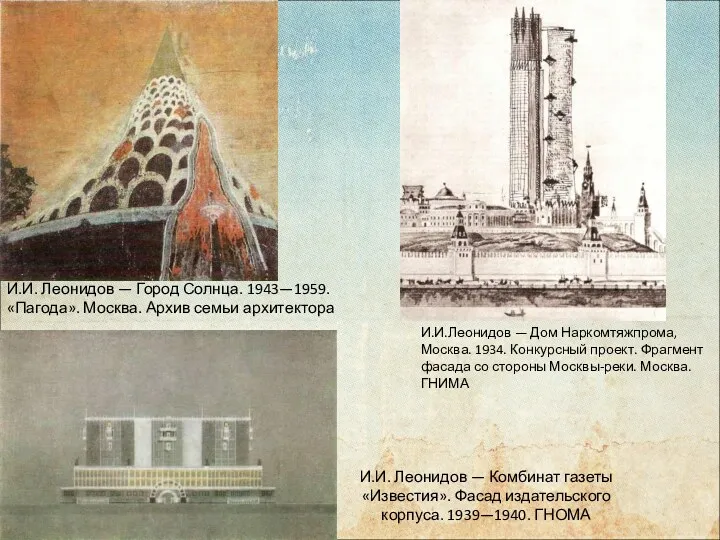 И.И. Леонидов — Комбинат газеты «Известия». Фасад издательского корпуса. 1939—1940. ГНОМА И.И.Леонидов —