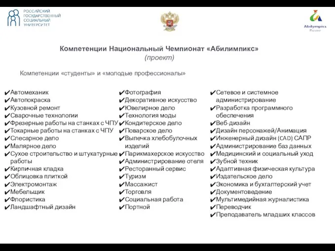 Компетенции Национальный Чемпионат «Абилимпикс» (проект) Компетенции «студенты» и «молодые профессионалы»