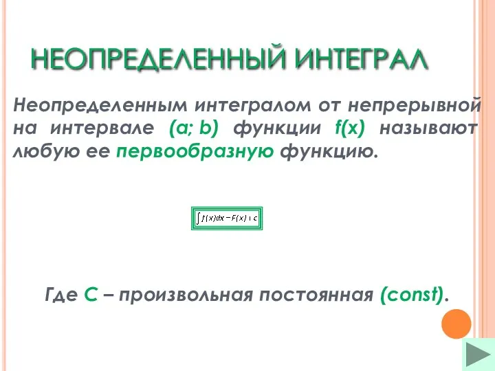 НЕОПРЕДЕЛЕННЫЙ ИНТЕГРАЛ Неопределенным интегралом от непрерывной на интервале (a; b)