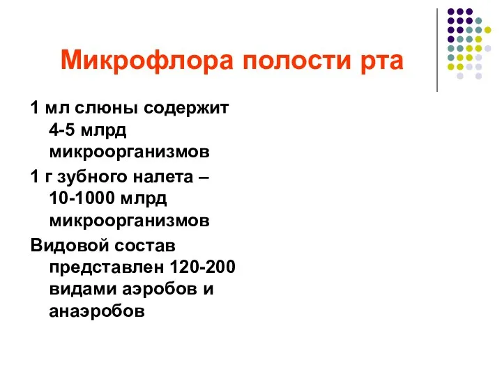 Микрофлора полости рта 1 мл слюны содержит 4-5 млрд микроорганизмов