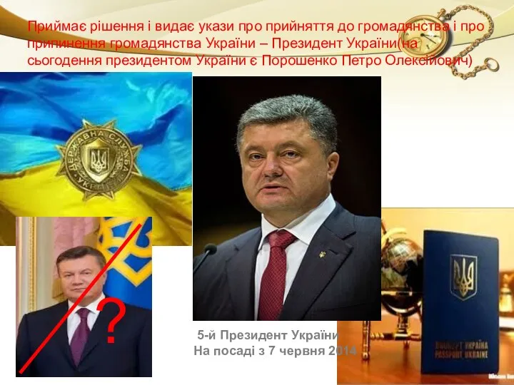 Приймає рішення і видає укази про прийняття до громадянства і