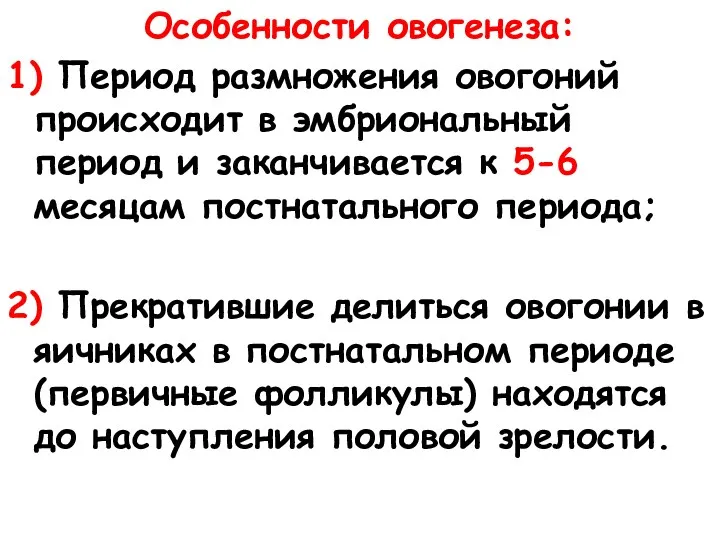 Особенности овогенеза: 1) Период размножения овогоний происходит в эмбриональный период и заканчивается к