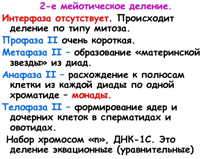 2-е мейотическое деление. Интерфаза отсутствует. Происходит деление по типу митоза. Профаза II очень