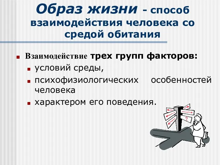 Образ жизни - способ взаимодействия человека со средой обитания Взаимодействие