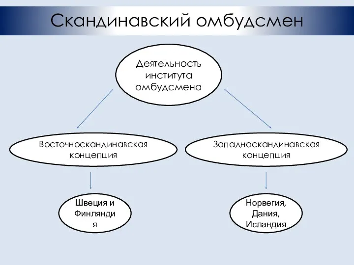 Скандинавский омбудсмен Деятельность института омбудсмена Восточноскандинавская концепция Западноскандинавская концепция Швеция и Финляндия Норвегия, Дания, Исландия