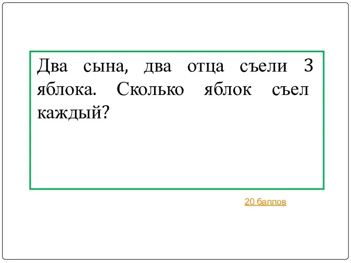 Два сына, два отца съели 3 яблока. Сколько яблок съел каждый? 20 баллов