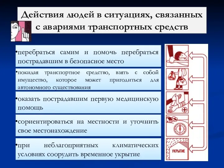 перебраться самим и помочь перебраться пострадавшим в безопасное место покидая