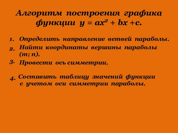 Алгоритм построения графика функции у = ах2 + bх +с. 1. Определить направление