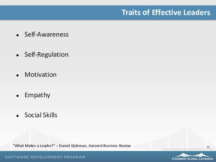Self-Awareness Self-Regulation Motivation Empathy Social Skills Traits of Effective Leaders “What Makes a