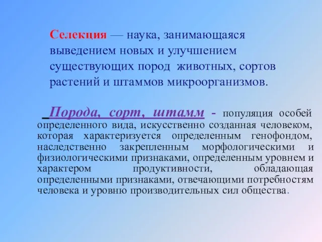 Порода, сорт, штамм - популяция особей определенного вида, искусственно созданная