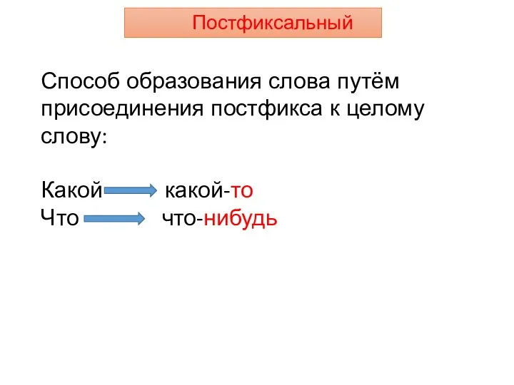 Постфиксальный Способ образования слова путём присоединения постфикса к целому слову: Какой какой-то Что что-нибудь