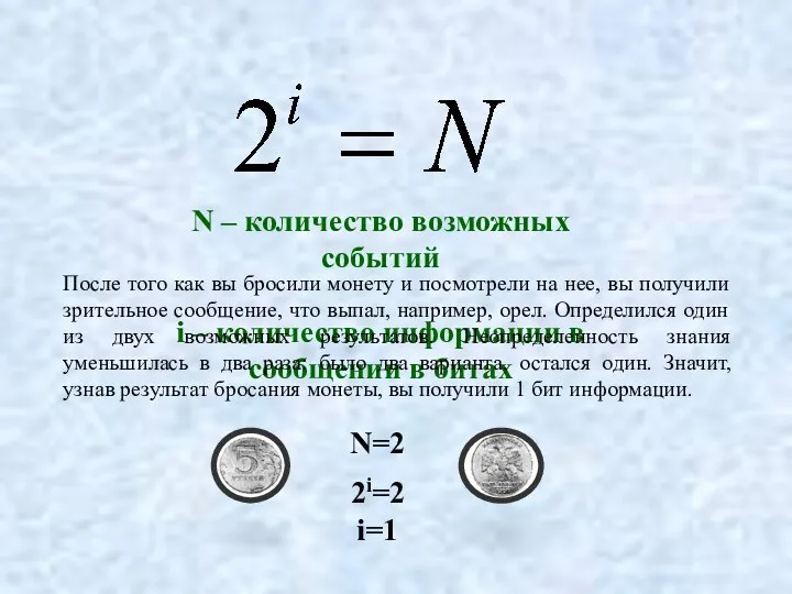 N – количество возможных событий i – количество информации в