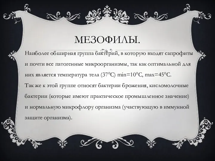 МЕЗОФИЛЫ. Наиболее обширная группа бактерий, в которую входят сапрофиты и