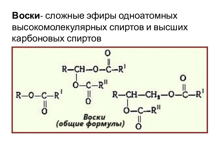 Воски- сложные эфиры одноатомных высокомолекулярных спиртов и высших карбоновых спиртов