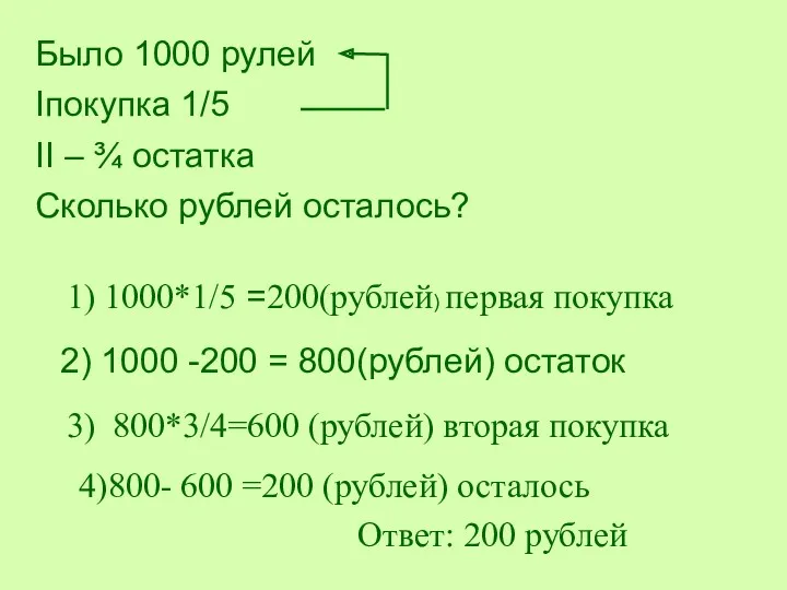 Было 1000 рулей Iпокупка 1/5 II – ¾ остатка Сколько