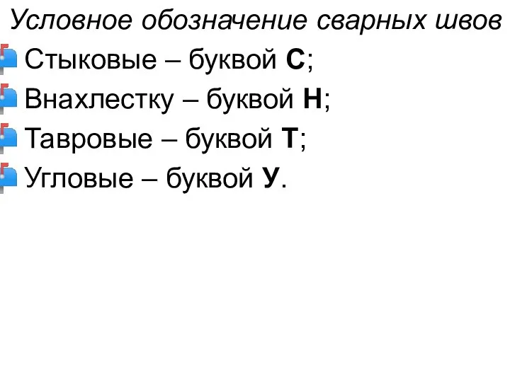 Условное обозначение сварных швов Стыковые – буквой С; Внахлестку –