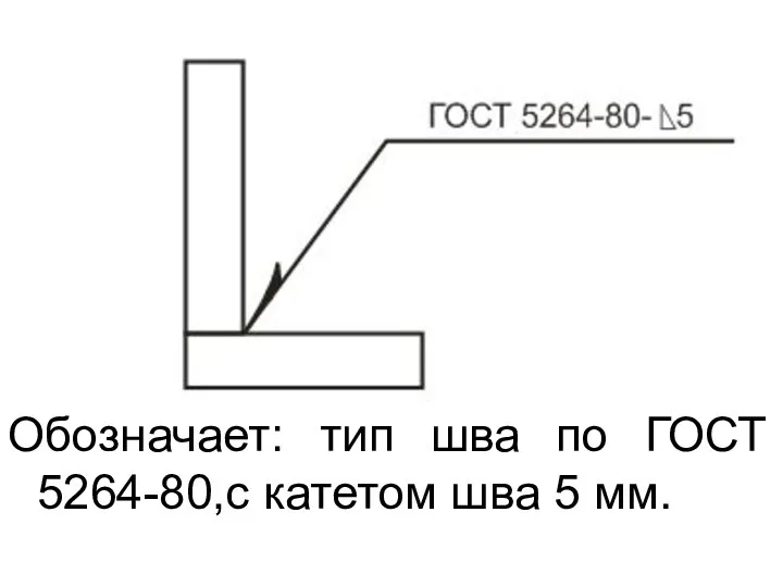 Обозначает: тип шва по ГОСТ 5264-80,с катетом шва 5 мм.