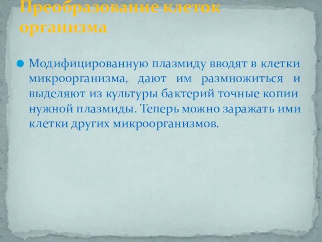 Модифицированную плазмиду вводят в клетки микроорганизма, дают им размножиться и