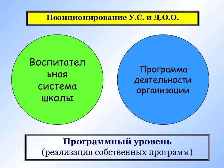 Воспитательная система школы Программа деятельности организации Программный уровень (реализация собственных программ) Позиционирование У.С. и Д.О.О.