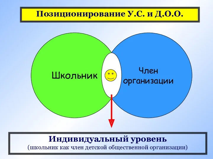 Позиционирование У.С. и Д.О.О. Школьник Член организации Индивидуальный уровень (школьник как член детской общественной организации)