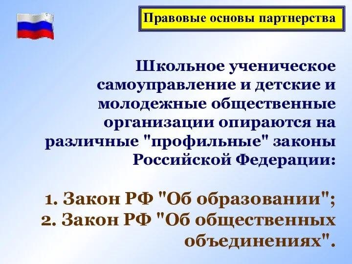 Школьное ученическое самоуправление и детские и молодежные общественные организации опираются на различные "профильные"