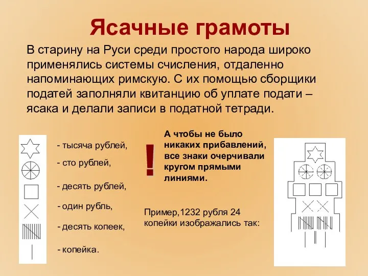 В старину на Руси среди простого народа широко применялись системы счисления, отдаленно напоминающих