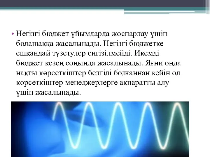 Негізгі бюджет ұйымдарда жоспарлау үшін болашаққа жасалынады. Негізгі бюджетке ешқандай