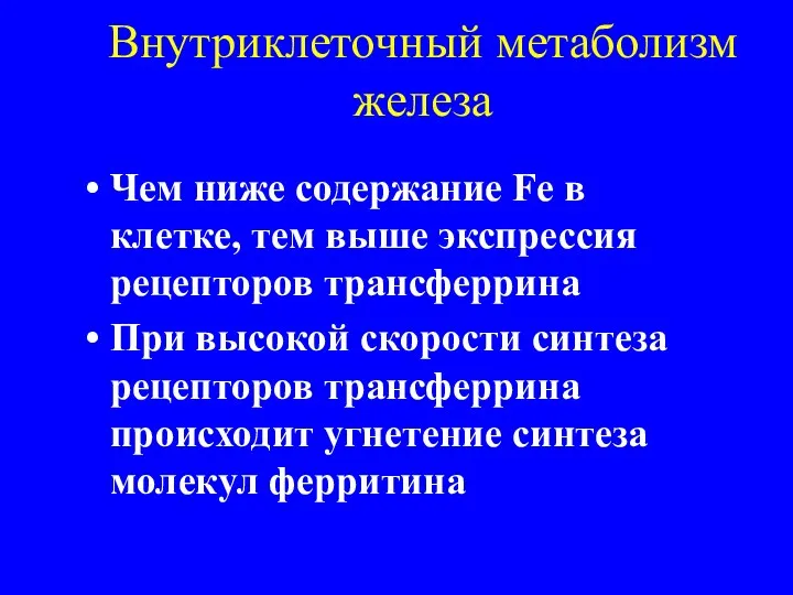 Внутриклеточный метаболизм железа Чем ниже содержание Fe в клетке, тем