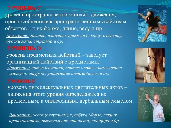 уровень пространственного поля – движения, приспособленные к пространственным свойствам объектов