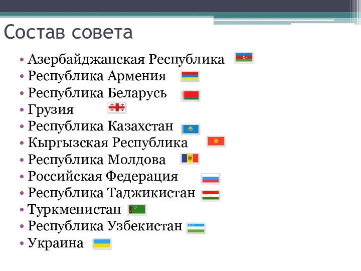 Состав совета Азербайджанская Республика Республика Армения Республика Беларусь Грузия Республика