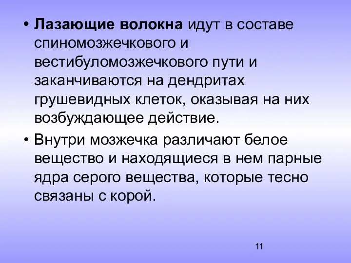 Лазающие волокна идут в составе спиномозжечкового и вестибуломозжечкового пути и