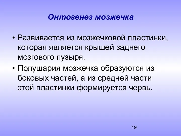 Онтогенез мозжечка Развивается из мозжечковой пластинки, которая является крышей заднего