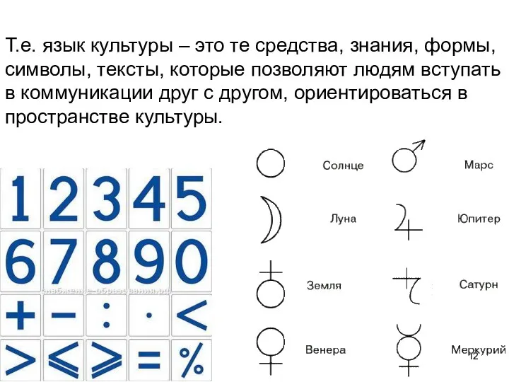 Т.е. язык культуры – это те средства, знания, формы, символы,