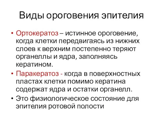 Виды ороговения эпителия Ортокератоз – истинное ороговение, когда клетки передвигаясь