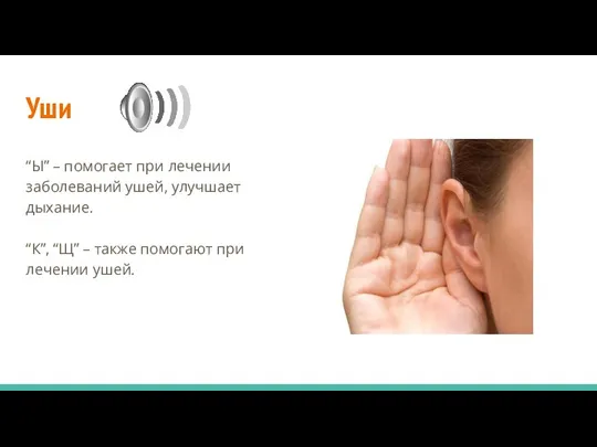 Уши “Ы” – помогает при лечении заболеваний ушей, улучшает дыхание. “К”, “Щ” –