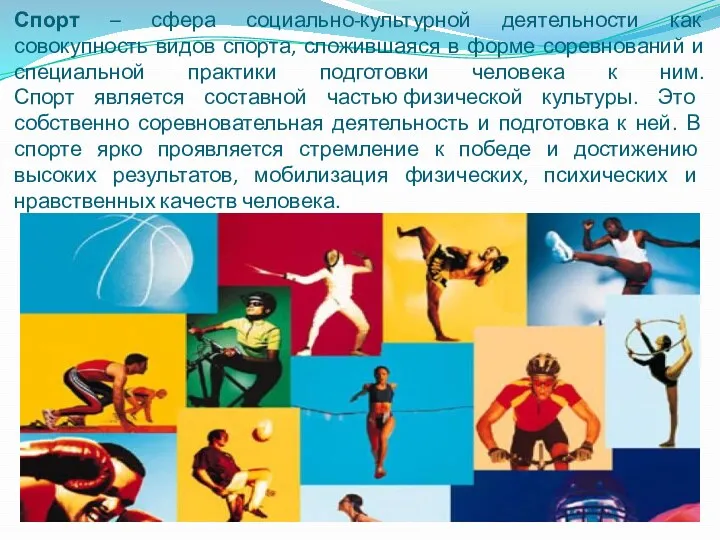 Спорт – сфера социально-культурной деятельности как совокупность видов спорта, сложившаяся в форме соревнований