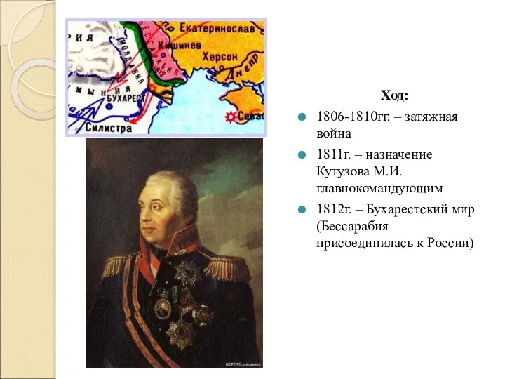 Ход: 1806-1810гг. – затяжная война 1811г. – назначение Кутузова М.И. главнокомандующим 1812г. –