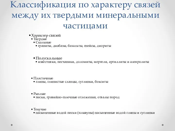 Классификация по характеру связей между их твердыми минеральными частицами Характер