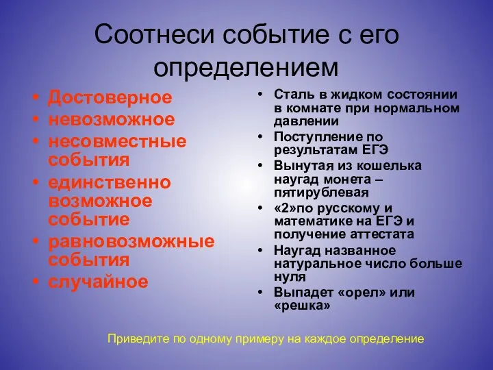 Соотнеси событие с его определением Достоверное невозможное несовместные события единственно