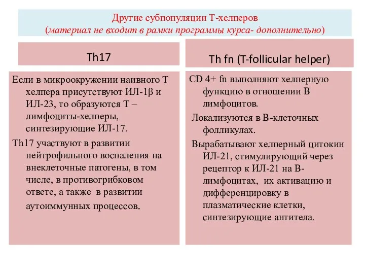 Другие субпопуляции Т-хелперов (материал не входит в рамки программы курса-