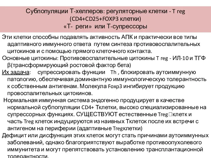 Субпопуляции Т-хелперов: регуляторные клетки - T reg (CD4+CD25+FOXP3 клетки) «Т-