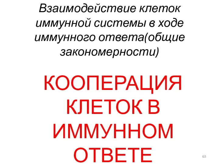 Взаимодействие клеток иммунной системы в ходе иммунного ответа(общие закономерности) КООПЕРАЦИЯ КЛЕТОК В ИММУННОМ ОТВЕТЕ