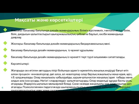 Мақсаты және көрсеткіштері Мақсаты: бакалавр бағытында дизайн мамандарының білімін әдістемелік,